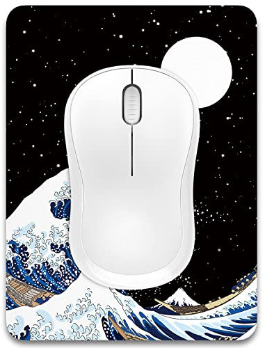 Dapesuom Mouse Pad 15x20 cm - Small, Waterproof Mat With Non-Slip Rubber Base for Women, Kids, Men, Wireless Mouse, Laptops, Keyboard Tray, Home Office, Travel - Waves & Moon Theme
