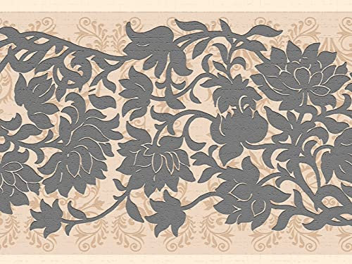 Dundee Deco DDAZBD9106 Peel and Stick Wallpaper Border - Floral Grey Flowers Scrolls Wall Border Retro Design, 15 ft x 7 in (4.57m x 17.78cm), Self Adhesive