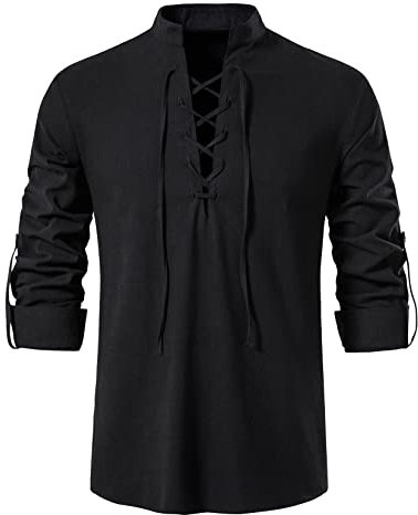 LucMatton Herren Klassisches Schnür-Hemd aus Baumwolle, mittelalterliches Vintage-Kostüm, Schwarz, L