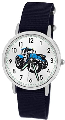 Pacific Time Kinder Armbanduhr Jungen Traktor für Kinder blau Trecker Kinderuhr Auto Car Textilarmband Leuchtzeiger analog Quarz