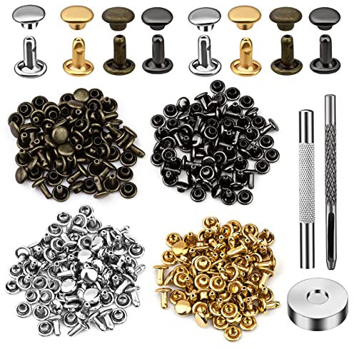 Ledernieten, 120 Sets mehrfarbige Doppelkappennieten, 6 mm Ledernieten und Druckknöpfe, Ledernieten-Set mit hohlen Stanz- und Stanzwerkzeug für Lederhandwerk, Schuhe, Jacken (6x6 mm/120 Stück)