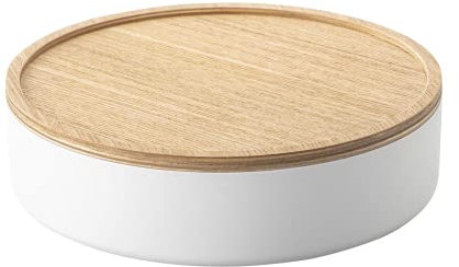YAMAZAKI 5801 RIN Runde Aufbewahrungsbox mit Deckel, weiß, Stahl/Holz, minimalistisch, 22 x 22 x 6 cm