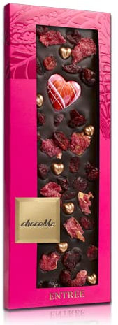 ChocoMe DUNKLE SCHOKOLADE Valrhona 66% Bronze Schokolade Herz kandierte Rosenblätter Weißes Schokoladenherz Preiselbeeren