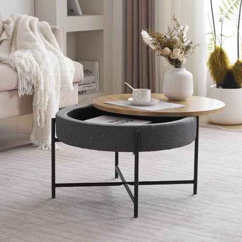 NICEME Round Coffee Table with Storage Space under the Table Top, Round Centre Table for Living Room LxWxH 57 x 57 x 37 cm (CT-2)