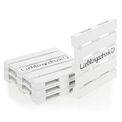 com-four® 4x Untersetzer aus Holz - Mini Paletten mit Schriftzug Lieblingsdrink als Untersetzer für Getränke - Holzuntersetzer - Küchen- und Barzubehör (04 Stück - weiß)
