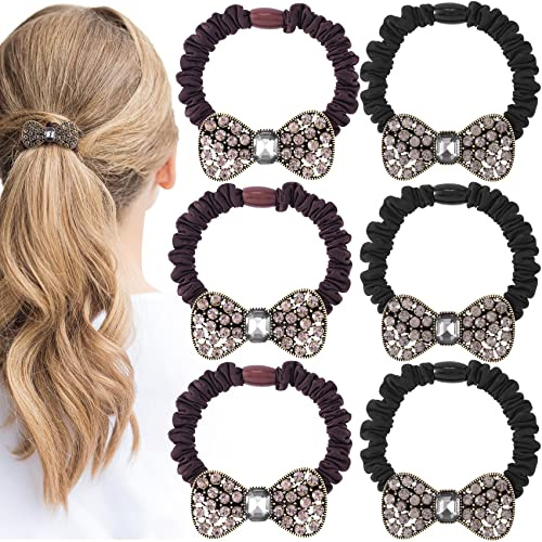 HINZIC 6PCS Rhinestone Bow Korean Hair Ties Crystal Bow-knot Bling Hair Scrunchies Ponytail Holder Hair Ring Elastic Bands Vintage Bracelet for Women Girls Hair Accessorie Headwear