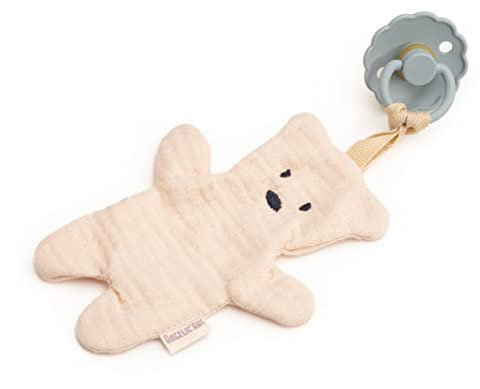 Schnullerhalter aus Musselin, Teddybär aus Musselinstoff mit Befestigung für Nuckis (Beige)
