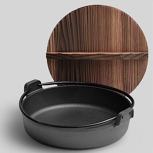 Cast Iron Sukiyaki Tetsu Nabe Pot, 7 Sizes Japanese Style Shabu Shabu Hot Pot Sukiyaki Pan with Wooden Lid and Double Handle for Home, Camping, Picnic (Black), 26cm