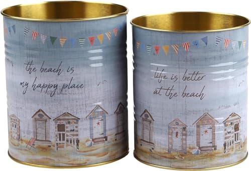 Multi Purpose Metal Storage Tins - Nautical Coastal Beach Hut - Set of 2