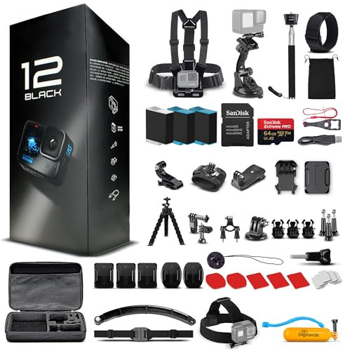 GoPro HERO12 (Hero 12) Noir – Avec kit d'accessoires de 50 pièces et 2 batteries supplémentaires + carte de 64 Go – Caméra d'action étanche – HDR 5,3 K, photos 27 MP, capteur 1/1,9, diffusion en