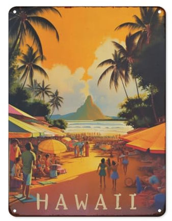 Hawaii Beach Blechschild Tropische Landschaft Poster Retro Wanddekoration Schlafzimmer Metallschilder für Zuhause Vintage Wandkunst Poster Küche Bar Büro Dekor 20,3 x 30,5 cm