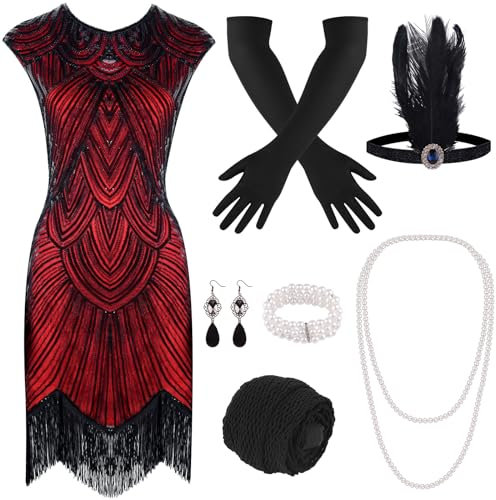 PLULON 1920er-Jahre-Flapperkleid mit Pailletten Perlen und Fransen Set mit 20er-Jahre-Accessoires (Rot)