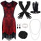 PLULON 1920er-Jahre-Flapperkleid mit Pailletten Perlen und Fransen Set mit 20er-Jahre-Accessoires (Rot)