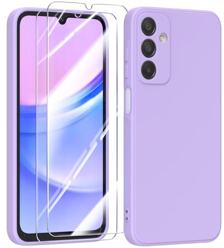 MIKULLE Hülle für Samsung Galaxy A15 4G / 5G HandyHülle + 2 Stück Schutzfolie,Dünn Weiche Liquid Silikon TPU Stoßfeste Schutzhülle mit Microfiber Case - Lila