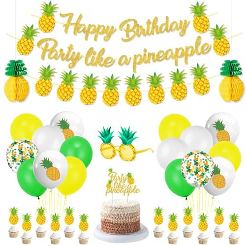 Ananas Dekorationen - Ananas-Banner, Ananas-Ballons, Ananas-Sonnenbrillen, Waben-Mittelstücke, Cupcake Toppers für Aloha Luau Tropical Summer Hawaiian Birthday Party Dekorationen Zubehör