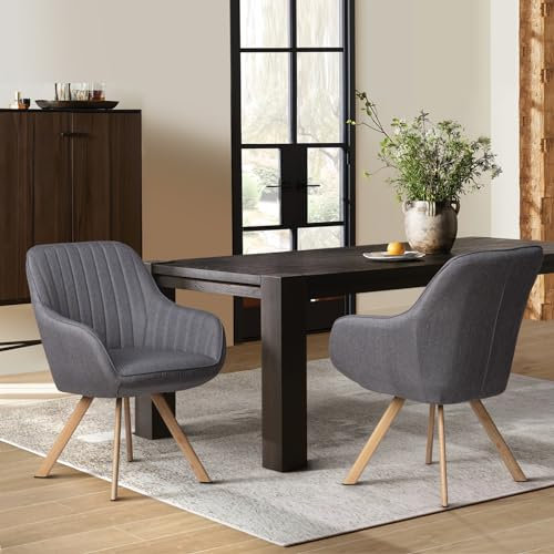 KirKasa Armlehnstuhl Drehbar, Esszimmerstuhl 2, Stück Küchenstuhl Polsterstuhl Wohnzimmerstuhl Sessel mit Armlehnen, Drehstuhl, Sitzfläche aus Leinen, Metallbeine, Grau