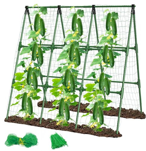 Gurken-Rankgitter für Hochbeet, faltbares A-Rahmen-Garten-Rankgitter für Kletterpflanzen, Outdoor, mit Kletternetz, kunststoffbeschichteter Stahlkern, für Gurkenbohnen und Rankenpflanzen, 130 x 134 cm