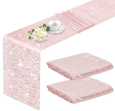 Anstore Tischläufer Roségold Mit Glitzer Pailletten - 2-PK Tischband 30x180cm für Rechteckigen Tisch - Modern für Hochzeiten, Geburtstag, Weihnachten, Thanksgiving