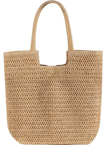 WantGor Straw Beach Bags, Women Summer Woven Tote Bag Large Boho Shoulder Handbags Casual Travel Beach Bag Foldable Hobo Bags (Khaki)