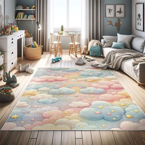 ABAKUHAUS Cartoon-Himmel Dekorativer Teppich, Traumhafter Stern Kawaii Wolke, Hochwertiger Flächenteppich für Schlafzimmer und Wohnzimmer, 157x229 cm, Schamesröte Senf