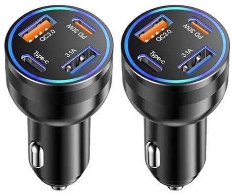Cargador de coche USB C, paquete de 2 4 puertos 65 W, cargador USB de carga rápida, adaptador de cargador de teléfono de coche dual USB-C y USB-A, accesorios para iPhone 16e, 16, 15, 14, 13 Pro Max
