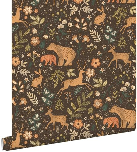 papier peint forêt avec des animaux de la forêt marron et beige 53 cm x 10,05 m - ESTAhome