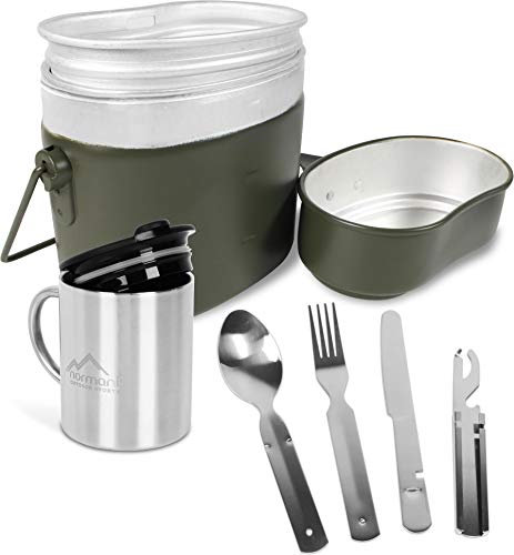 normani Kochgeschirr Set aus Bundeswehr Aluminium Kochgeschirr + BW Besteck mit Flaschenöffner und rostfreier Edelstahltasse mit Trinkdeckel Farbe Olive