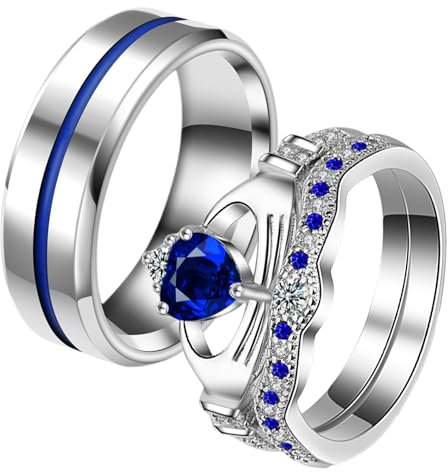 JewelryWe Paar Ringe Herren Damen: Edelstahl Blau Rille Herz Zirkonia Claddagh Krone Stapelbar Pärchen Trauringe Partnerringe Freundschaftsringe Eheringe Verlobungsringe Hochzeit Band Gravur Silber