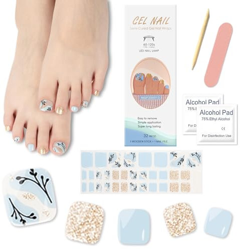 32Pcs Vernis Autocollant Ongle Pied Semi-Durci, Bandes de Vernis à Ongles pour Orteils Auto-adhésifs Toe Nail Art Sticker Longue Durée Manucure Décoration pour Femmes Filles (Palmier Bleu Océan)
