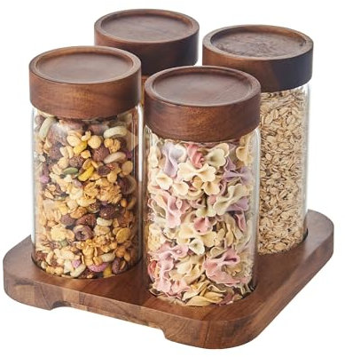 Eden & Willow Set of 4 Borosilicate Glass Storage Jars with Airtight Acacia Lids and Acacia Tray | Airtight Leak-Proof Pantry Containers | Kitchen Storage Canister Set with Non-Slip Tray and Handles