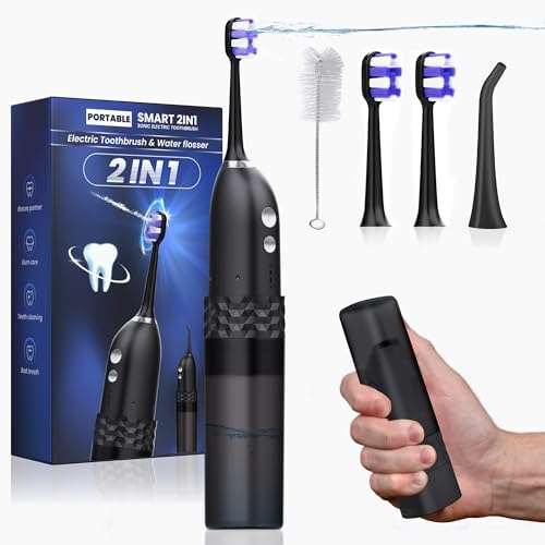 Duolosy Spazzolino elettrico con idropulsore, 2 in 1 spazzolino senza fili e idropulsore, per viaggi e casa (nero carbonio)