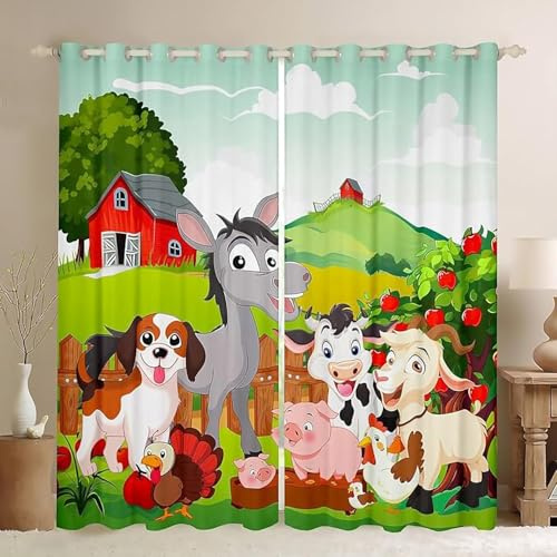 ZZTBQ Cartoon Bauernhof Tiere Verdunkelungsvorhang Mit Ösen, Bauernhaus Landhausstil Blickdichte Vorhänge Hund Esel Schwein Milchkuh Schaf Huhn 220x215cm Für Jungen Mädchen Kinder Schlafzimmer
