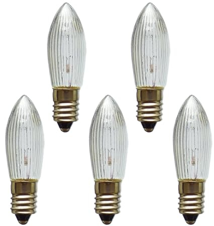 Erzgebirgslicht - AUSWAHL - 5x Topkerze Spitzkerze 46V 3W E10 für 5 Brennstellen Ersatzbirne Glühbirne Riffelkerze Glühlämpchen für Lichterketten und Schwibbogen (keine LED!)