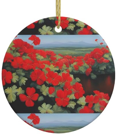 WZYWHJ Colgante redondo de cerámica de Navidad, decoración de árbol colgante de festival para tiendas y hogares, geranio rojo, patrón de plantas en maceta