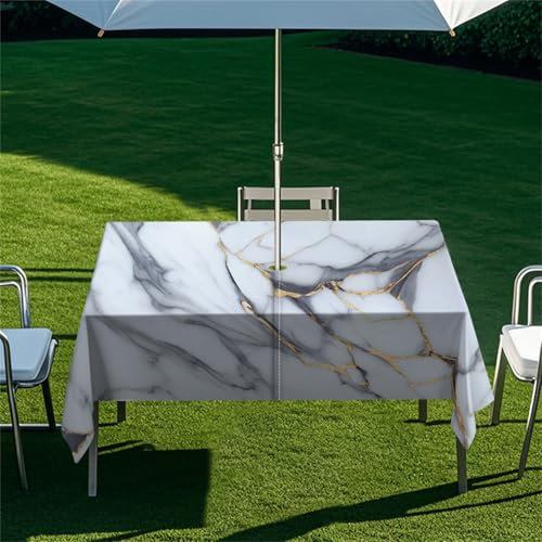 Highdi Tischdecke mit Loch in der Mitte, Abwaschbar Rechteckig Tischdecke mit Schirmloch Outdoor Tischdecke mit Reißverschluss Gartentischdecke für Sonnenschirm (Marmor 10,213x152cm)