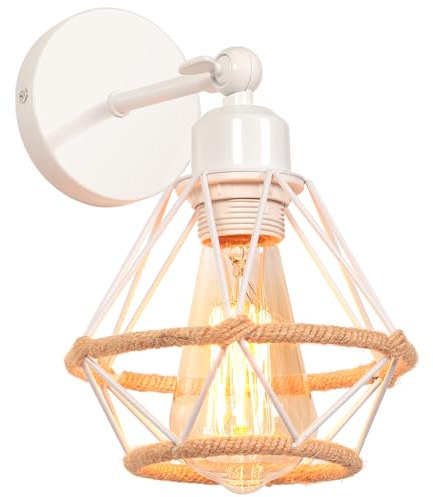 TOKIUS Wandlampe Vintage 16CM Industrial Wandleuchte Innen Retro E27 Lampe aus Eisen Käfig Lampenschirm mit Hanfseil Verstellbare Wandlampe Deckenleuchte für Flur Schlafzimmer Wohnzimmer (Weiß)