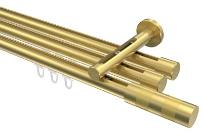 INTERDECO Innenlaufstange 20 mm 3-läufig Messing-Optik 180 cm | aus Aluminium, für Wandmontage, Endstück Mavell (Zylinder), kürzbar, Traglast bis 11 kg, Modern