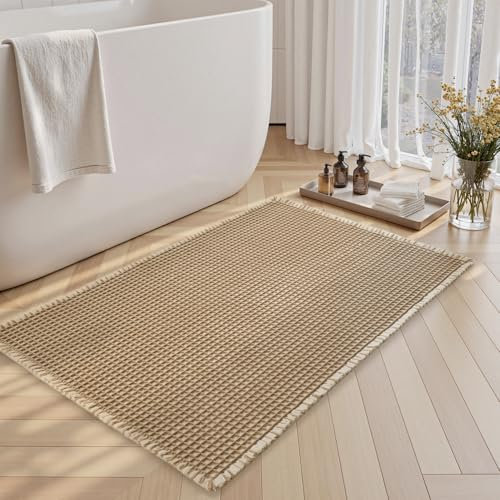 SIXHOME 40 * 60cm Braun-Weiß Badematte Super Absorbierende Waffle mit Quasten Badteppich Badematte rutschfest Maschinenwaschbare Badematte für Badezimmer