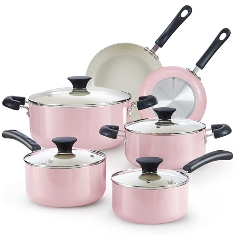 Cook N Home Pots and Pans Set Nonstick, 10-Piece Ceramic Kitchen Cookware Sets, Nonstick Cooking Set with Saucepans, Frying Pans, Dutch Oven Pot with Lids, Pink