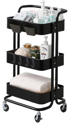 SHHZHIFAN Storage Trolley on Wheels, Kitchen Trolley Metal 3 Tier Trolley for Book Beauty Craft Lash Trolleys Rolling Utility Storage Cart for Living Room Bathroom Office, Black