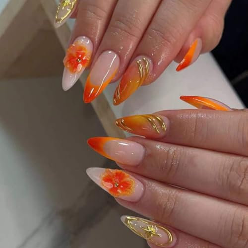 Faux Ongles Court MouyouGlow,Amande Orange French 3D Or Gold Aura Fleurs Florales Étoile Twill Été Press on Nails avec Colle à Ongles,Flowers Y2k Striped Fake Nails