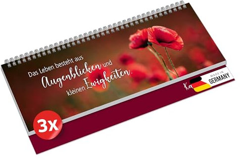 PRIMUS PRINT Tischkalender 2026 Quer Wochenkalender – 64 Seiten Terminkalender und Jahreskalender – 297x130mm – 75g Naturpapier, Drahtkammbindung, Feiertage und Schulferien - [3er Set - Mohnblume]
