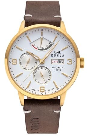 UMR RUHLA-Automatic 80274 - Automatik Herrenuhr Limited Edition 200 Stück - 9110 mechanisch 26 Steine - Edelstahlgehäuse IPG Gold 42 mm - Lederarmband Braun - Made in Germany