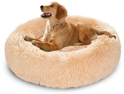 XIEMINLE Beruhigendes Hundebett, rundes Kissen mit Nackenrolle für mittelgroße und große Hunde, orthopädisches Haustierkissen, waschbar, flauschig, Welpennest mit rutschfester Unterseite, 150 cm