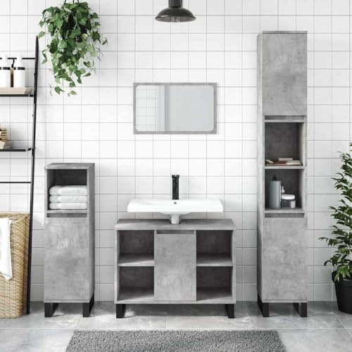 BARULUOAKLIFE Mobiletto Bagno Grigio Cemento con Anta Regolabile e 4 Ripiani, Ampio Spazio di Archiviazione, Legno Multistrato Resistente all'Umido, Design Industriale