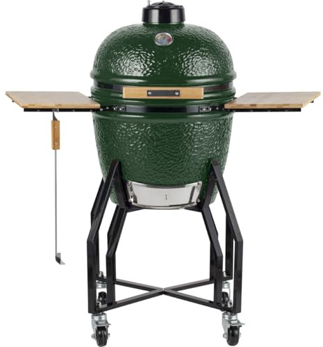 INTEC - Barbecue à charbon de bois Kamado Céramique Vert - 2 zones de cuisson Grill & Fumoir Ø56cm - Barbecue mobile + 2 tablettes