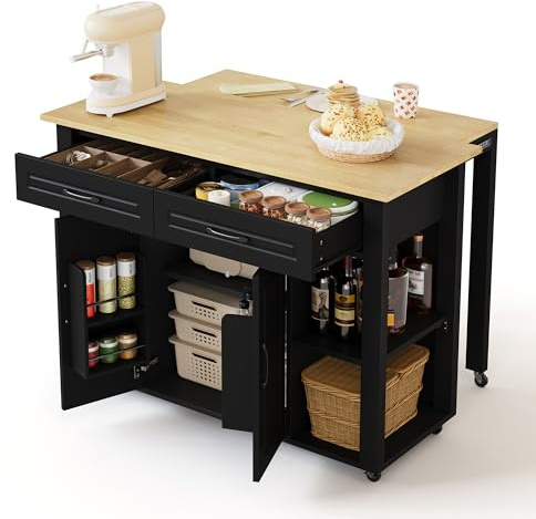 Bladez 120 cm Ausziehbare Mobile Kücheninsel mit Bartheke & Steckdosen, Küchenwagen mit 2 Schubladen, 2 Schranktüren mit Türregalen, Rollbar für Küche & Esszimmer (Black 3+Natural)