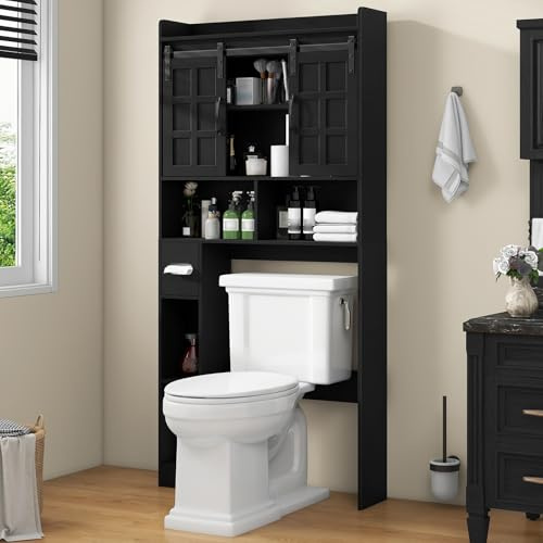 BonVache Black Farmhouse Over Toilet Storage Cabinet with Sliding Doors, Space-Saving Bathroom Shelf Unit, Rustic Toilet Rack Organiser for Restroom & Laundry