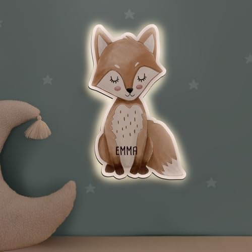 hellomini Personalisierbares LED-Nachtlicht mit Name für Kinder & Babys | Holz-Wandlampe | Schlummerlicht mit Motivwahl – Geschenk zur Geburt & Taufe (Fuchs Aquarell)