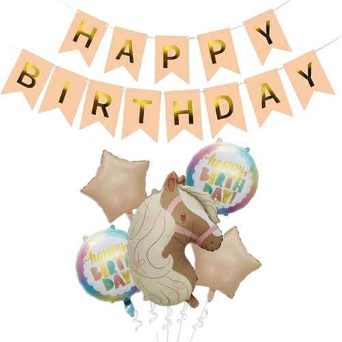 Pferde Geburtstagsdeko,Festliche Deko für Pferdethemenfeiern, Bibi und Tina Geburtstagsdeko, Enthält XXL Ballonpferd 62x45cm, Sternballons 50cm und Happy Birthday Ballons 54cm